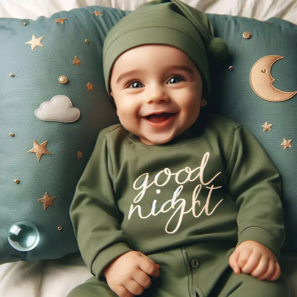 Good night images quotes with green clothes baby girl is smling good vibes background