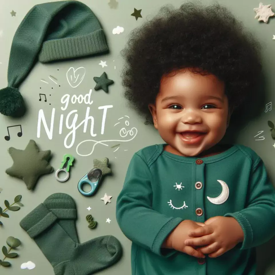 Good night images quotes with green clothes baby girl is smling good vibes green background