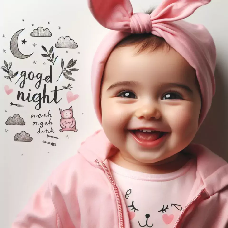 Good night images quotes with pink dress baby girl is smling good vibes big eyes