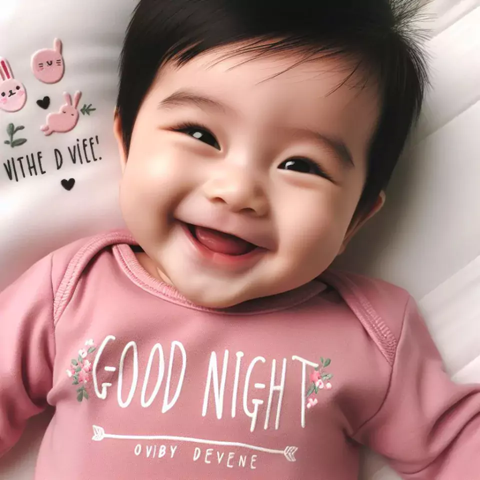 Good night images quotes with pink dress baby girl is smling good vibes white background