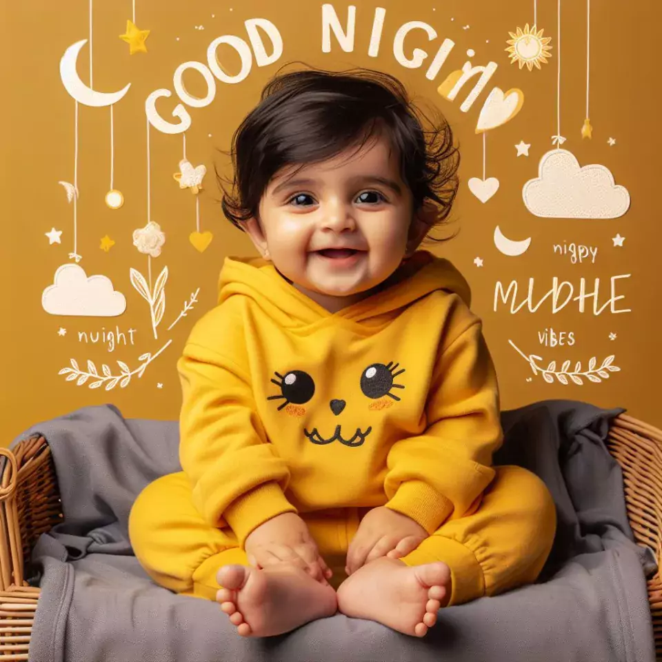 Good night images quotes with yellow dress baby girl is smling good vibes