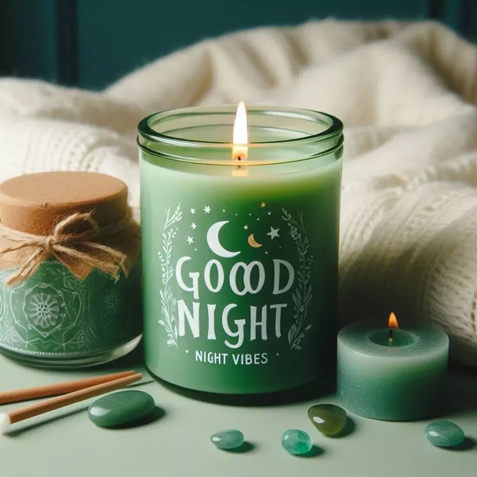 Good night images with Green candle in glass