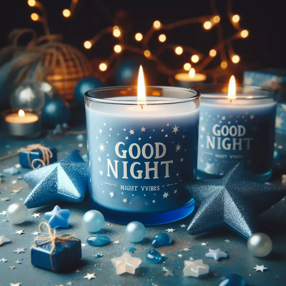 Good night images with blue candle in glass