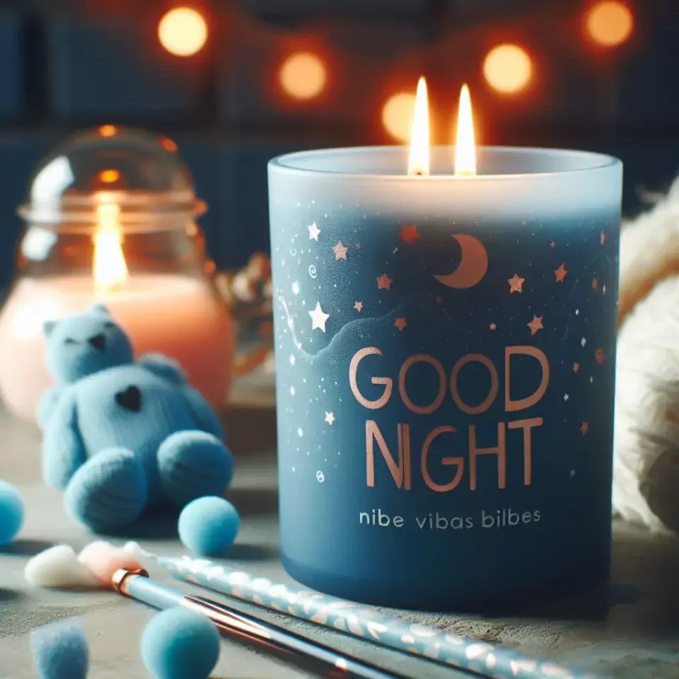 Good night images with blue candle in glass with teddy