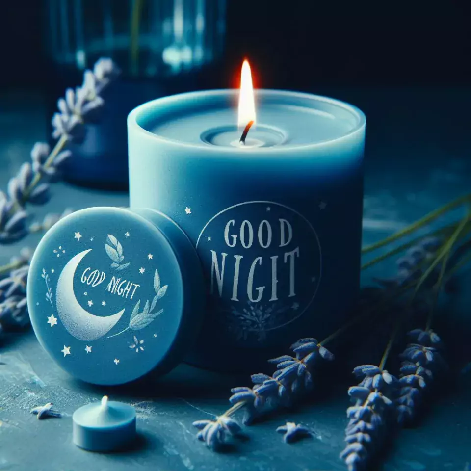 Good night images with blue candles in glass