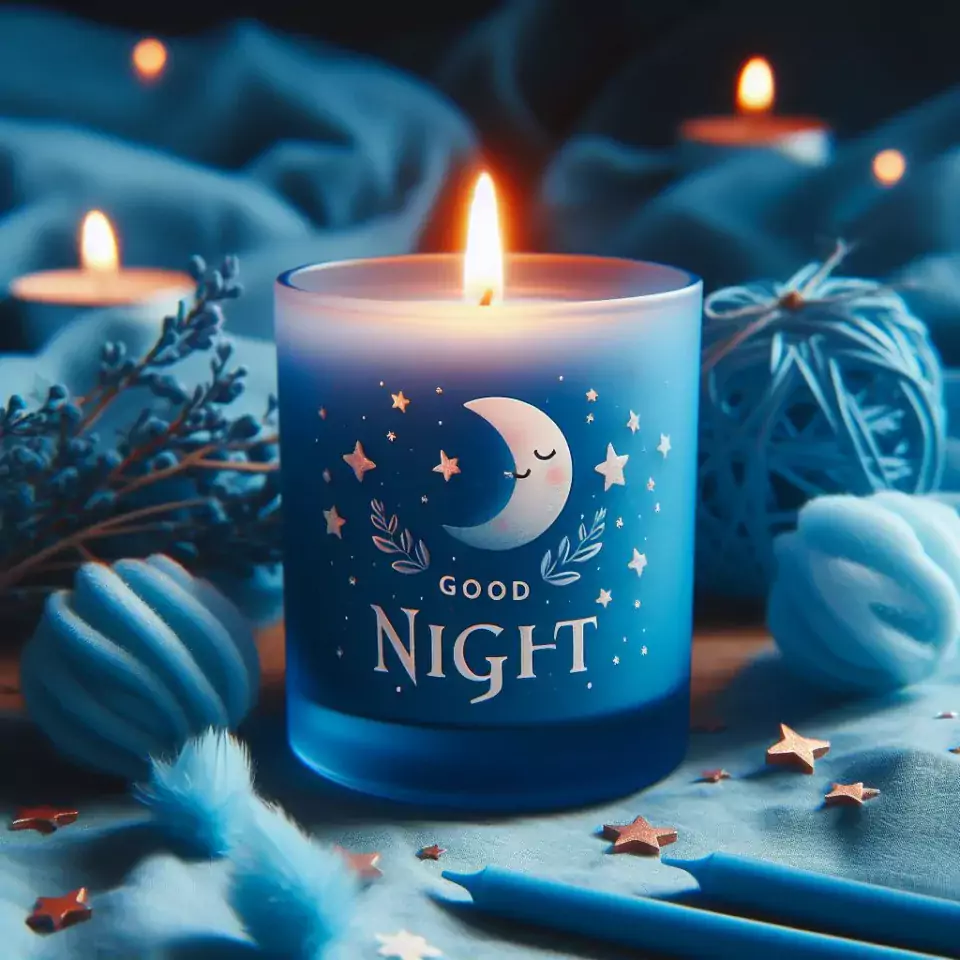 Good night images with blue wax candle in glass with star