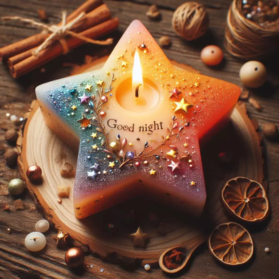 Good night images with colour candle in glass with star