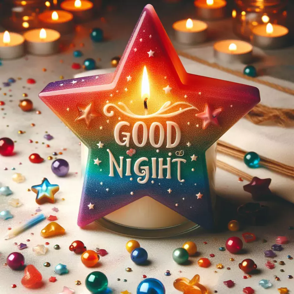 Good night images with colour star candle in glass