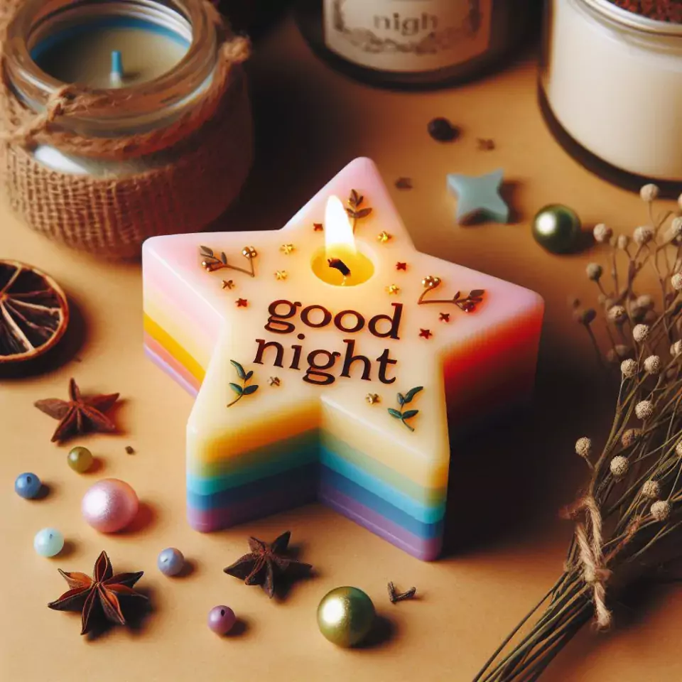 Good night images with colourful star candle in glass with star