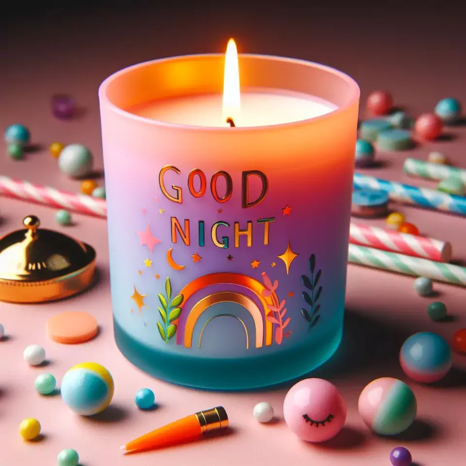 Good night images with colourful wax candle in glass