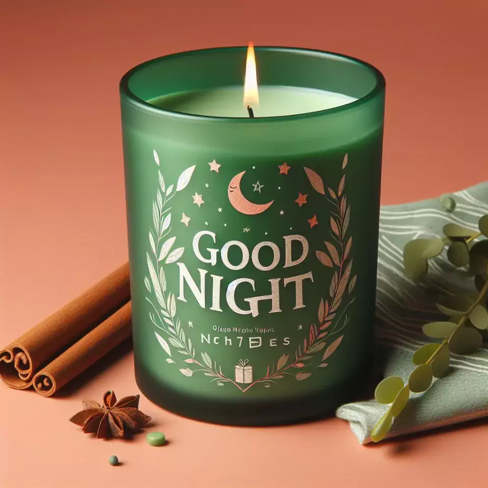 Good night images with dark green candle in glass with star