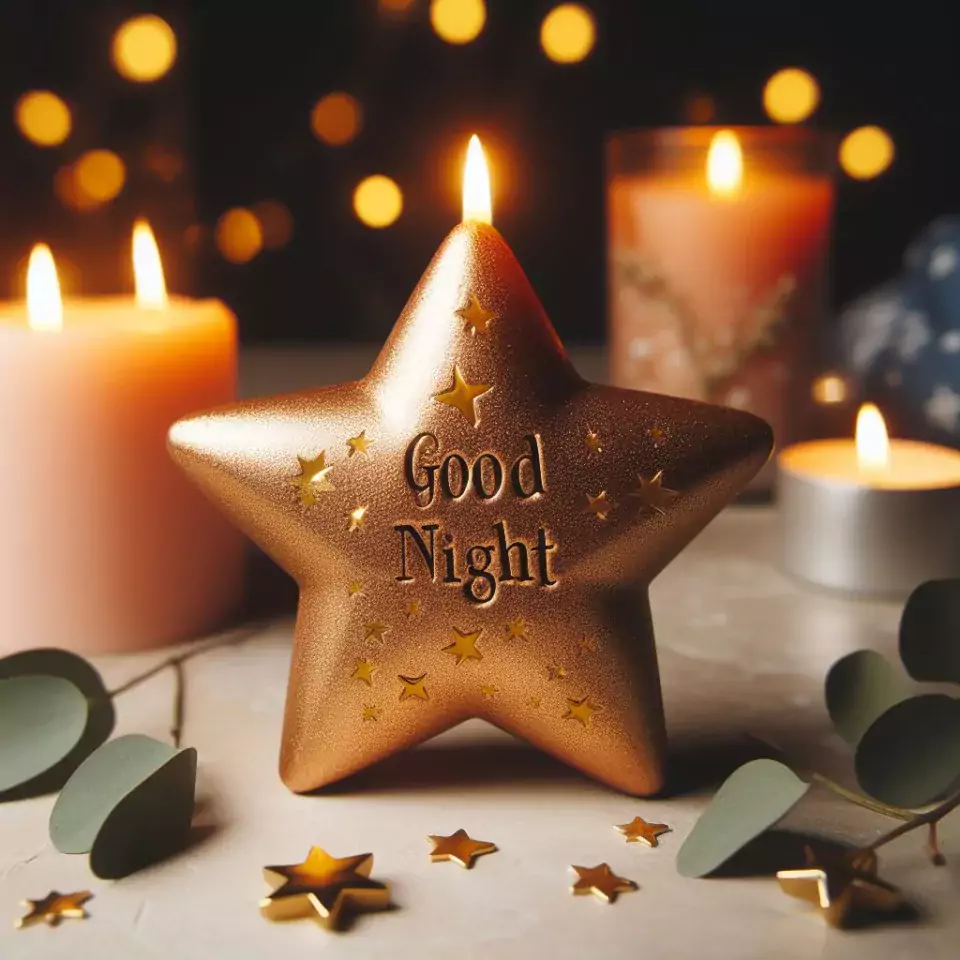 Good night images with golden star candle in glass with star