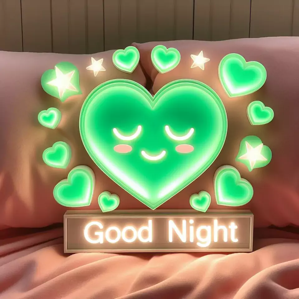 Good night images with green heart emoji orange background with cloud