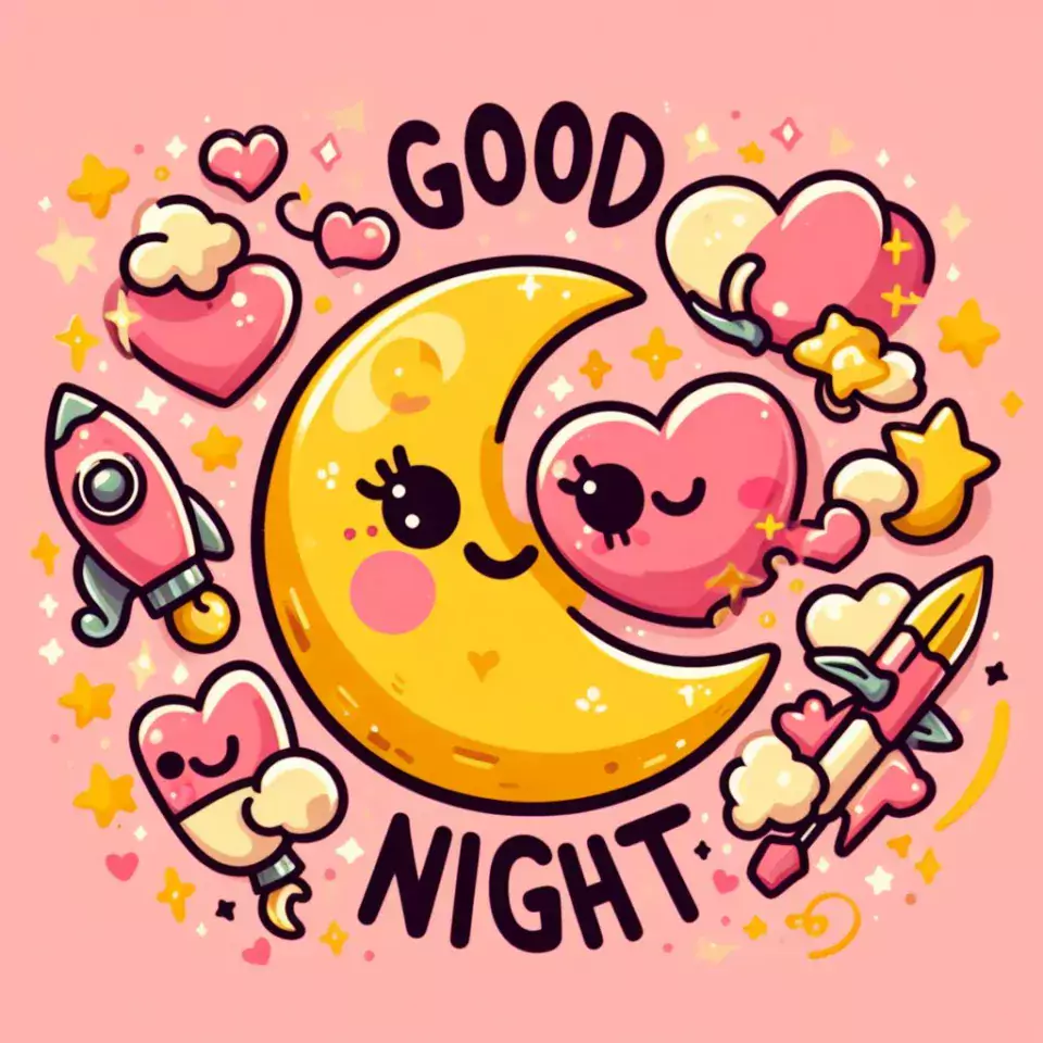 Good night images with half moon emoji orange background with cloud