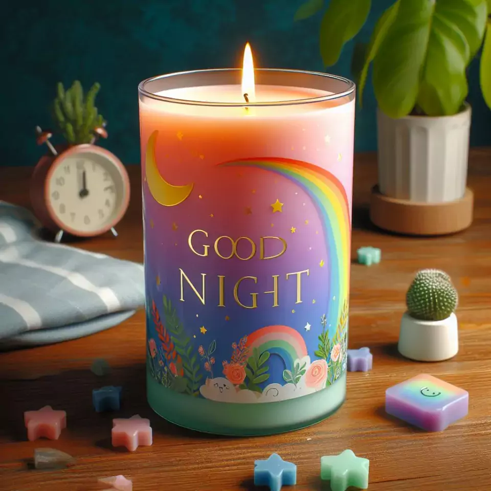 Good night images with many colour candle in glass with star