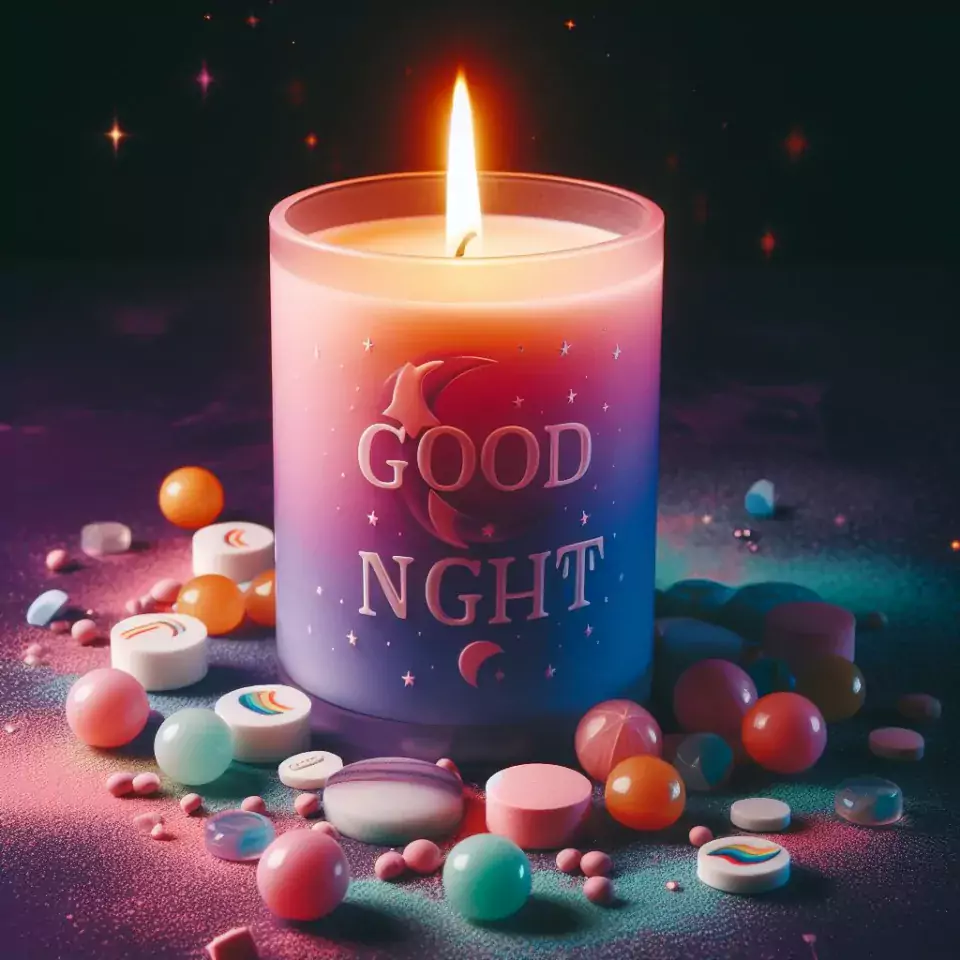 Good night images with purple candle in glass