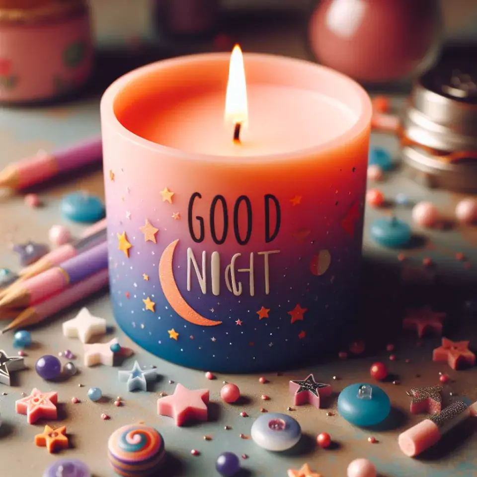 Good night images with purple with pink candle in glass with star