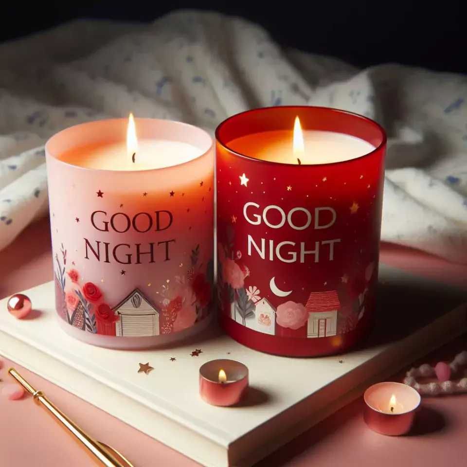 Good night images with red and white candle in glass with star