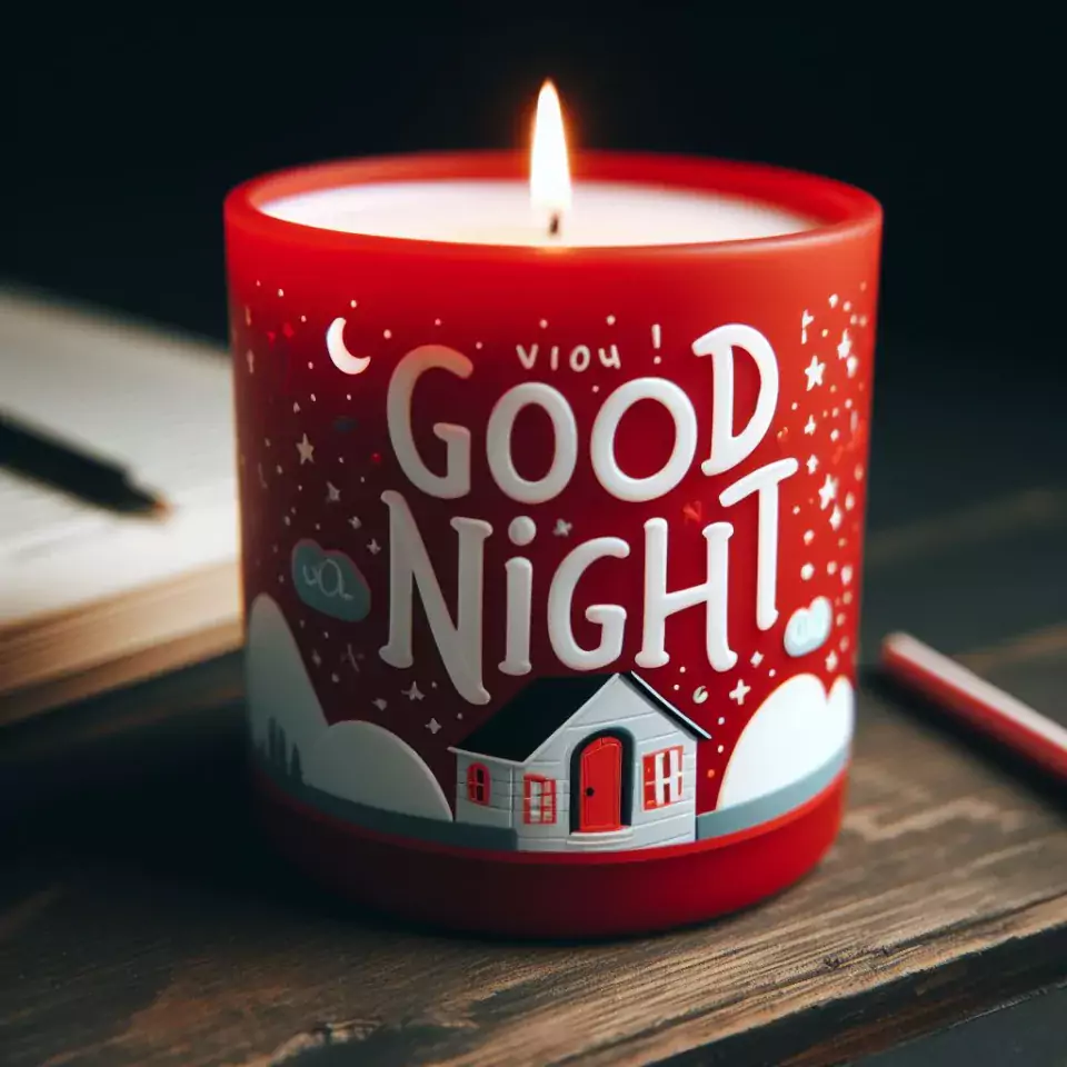 Good night images with red candle in glass