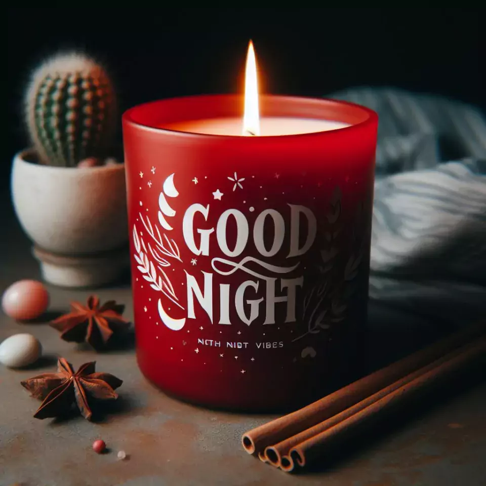 Good night images with red candle in glass plant