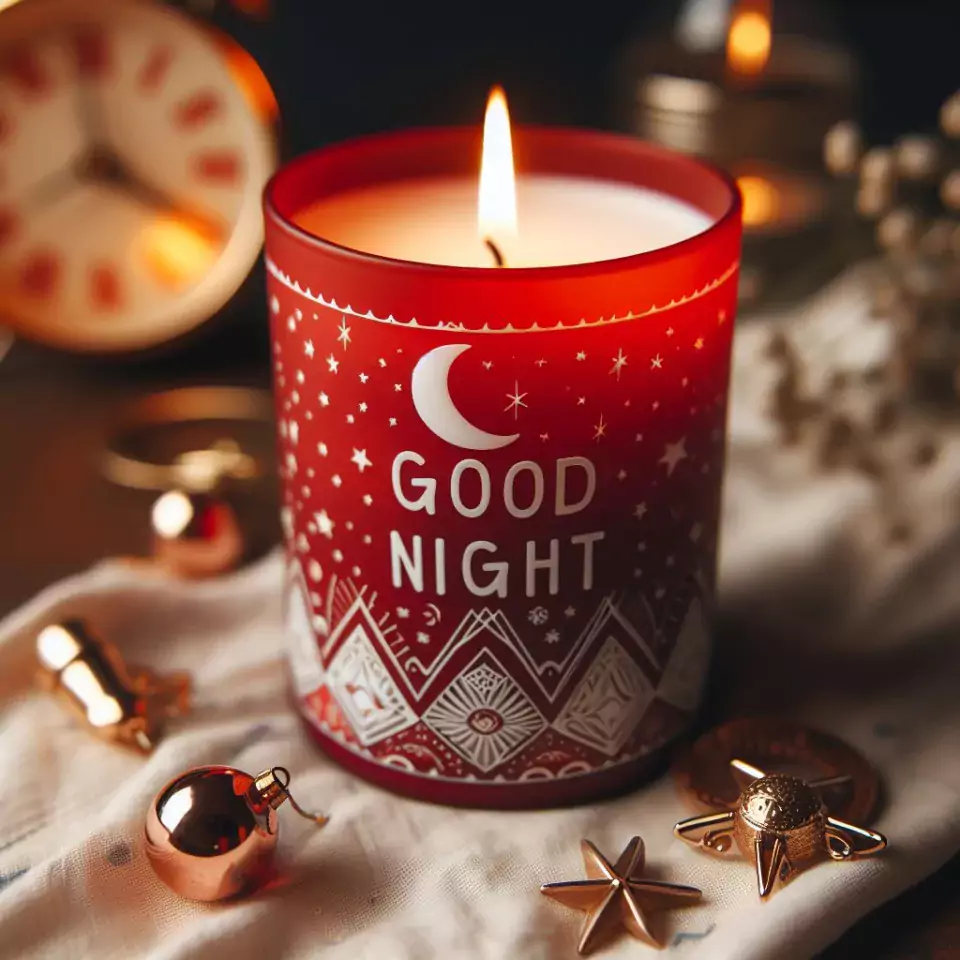 Good night images with red candle in glass with stars