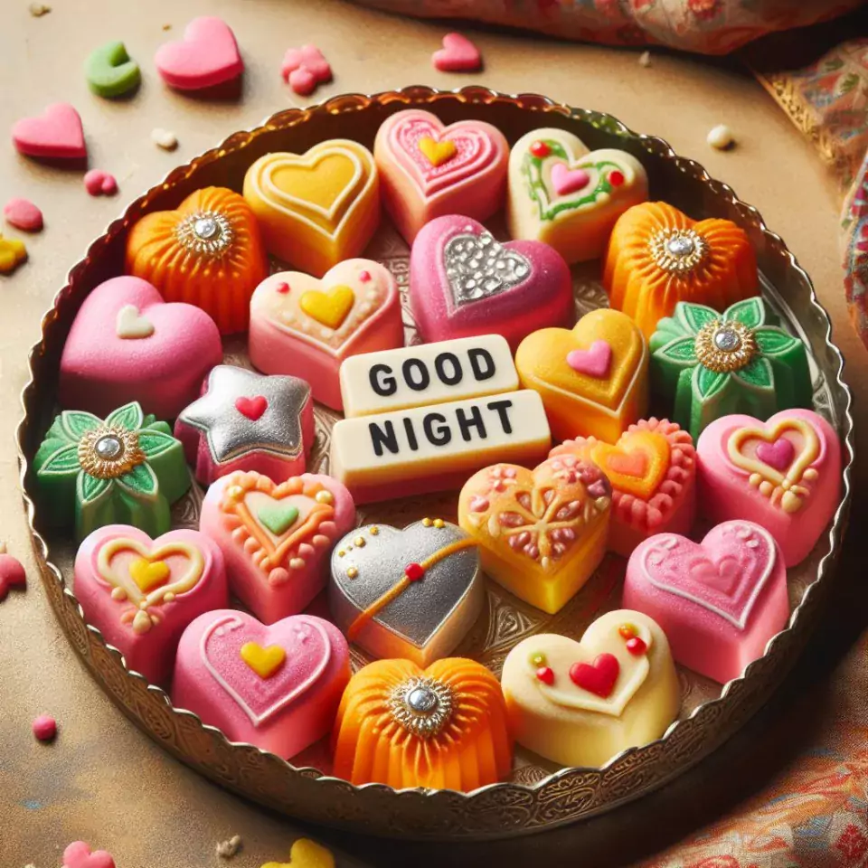 Good night images with sweets in the plate emoji orange background with cloud