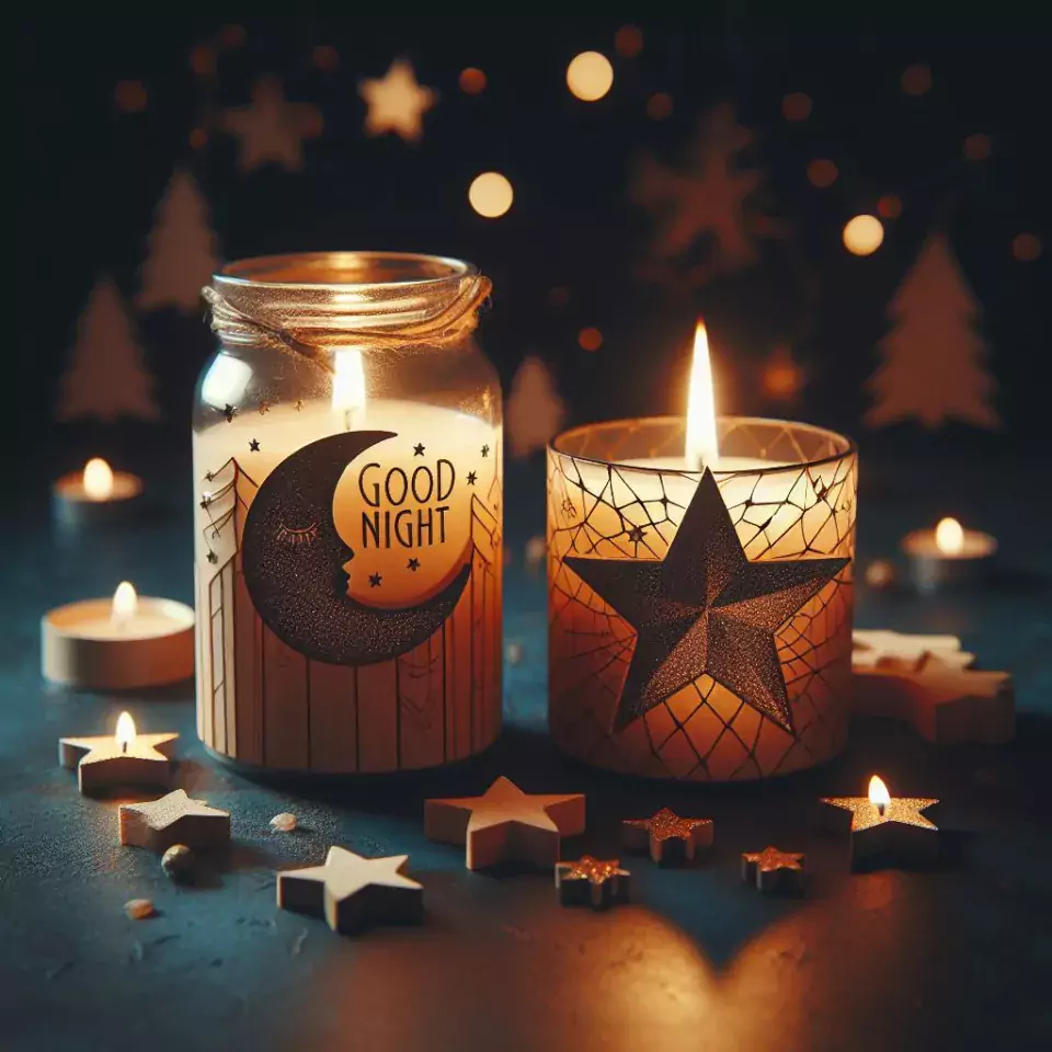 Good night images with two candle in glass with star