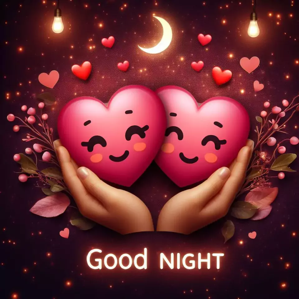 Good night images with two hearts emoji in the hand dark red background with cloud