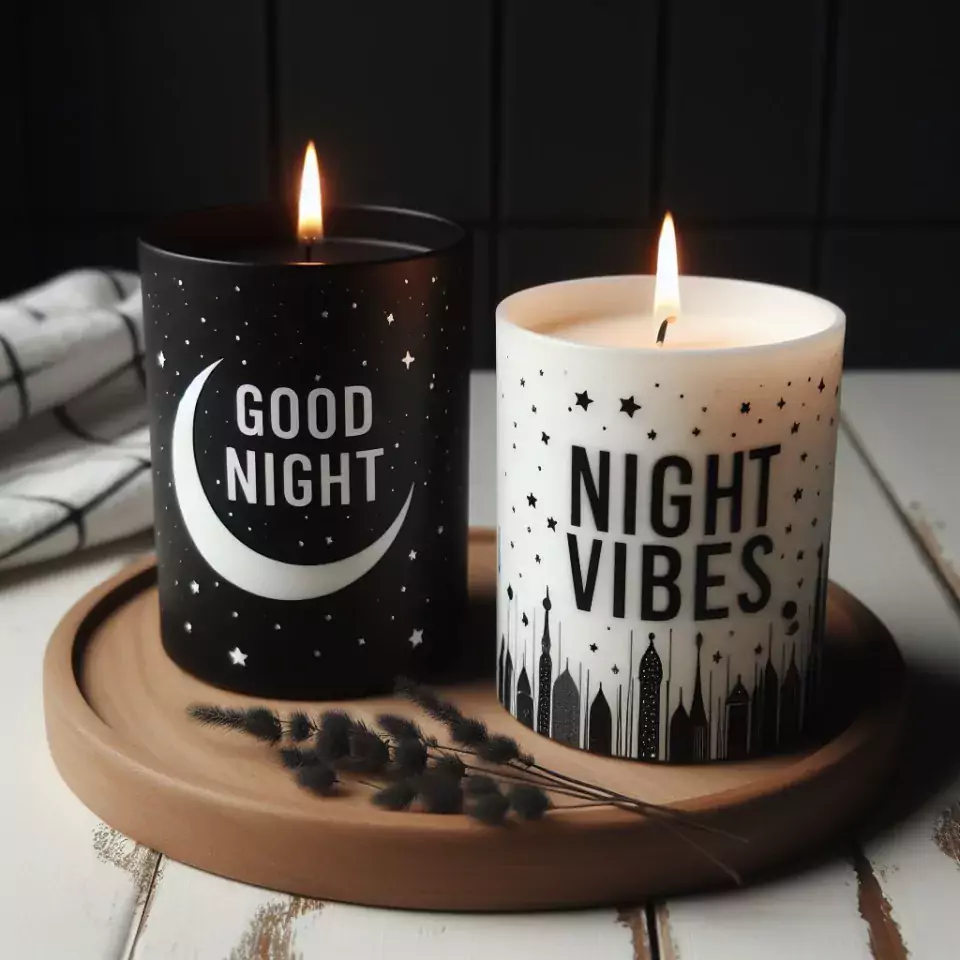 Good night images with white and black candle in glass with star