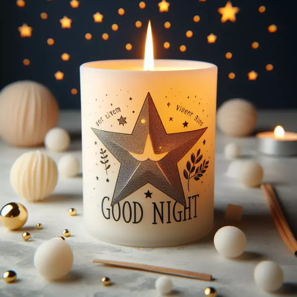 Good night images with white candle in glass with big star