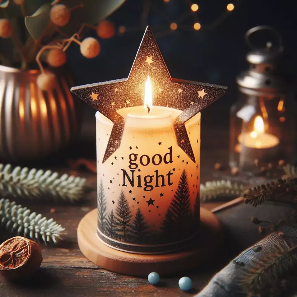 Good night images with white candle in glass with star