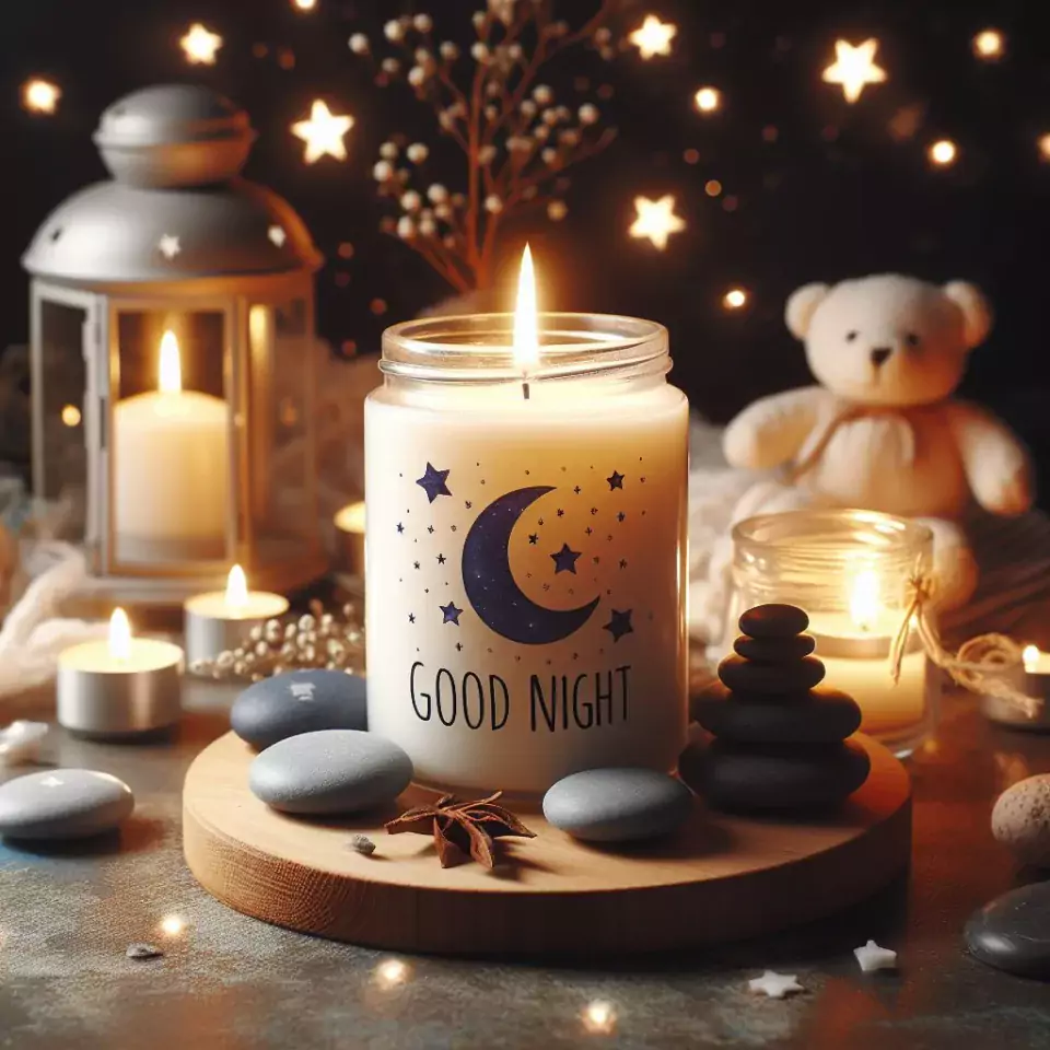 Good night images with white candles in glass with star