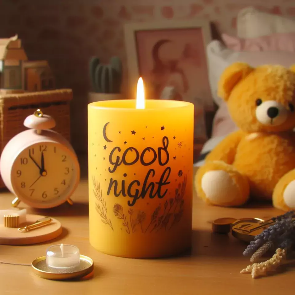 Good night images with yellow candle in glass with clock and teddy