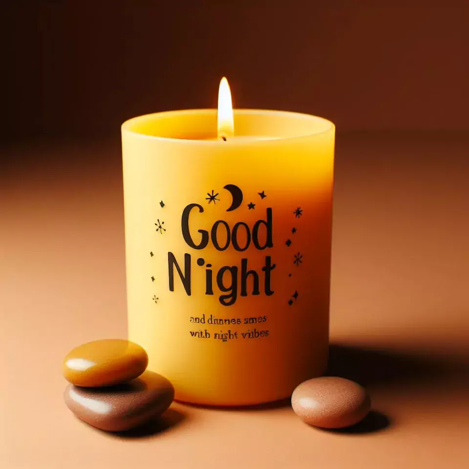 Good night images with yellow candle in glass with star