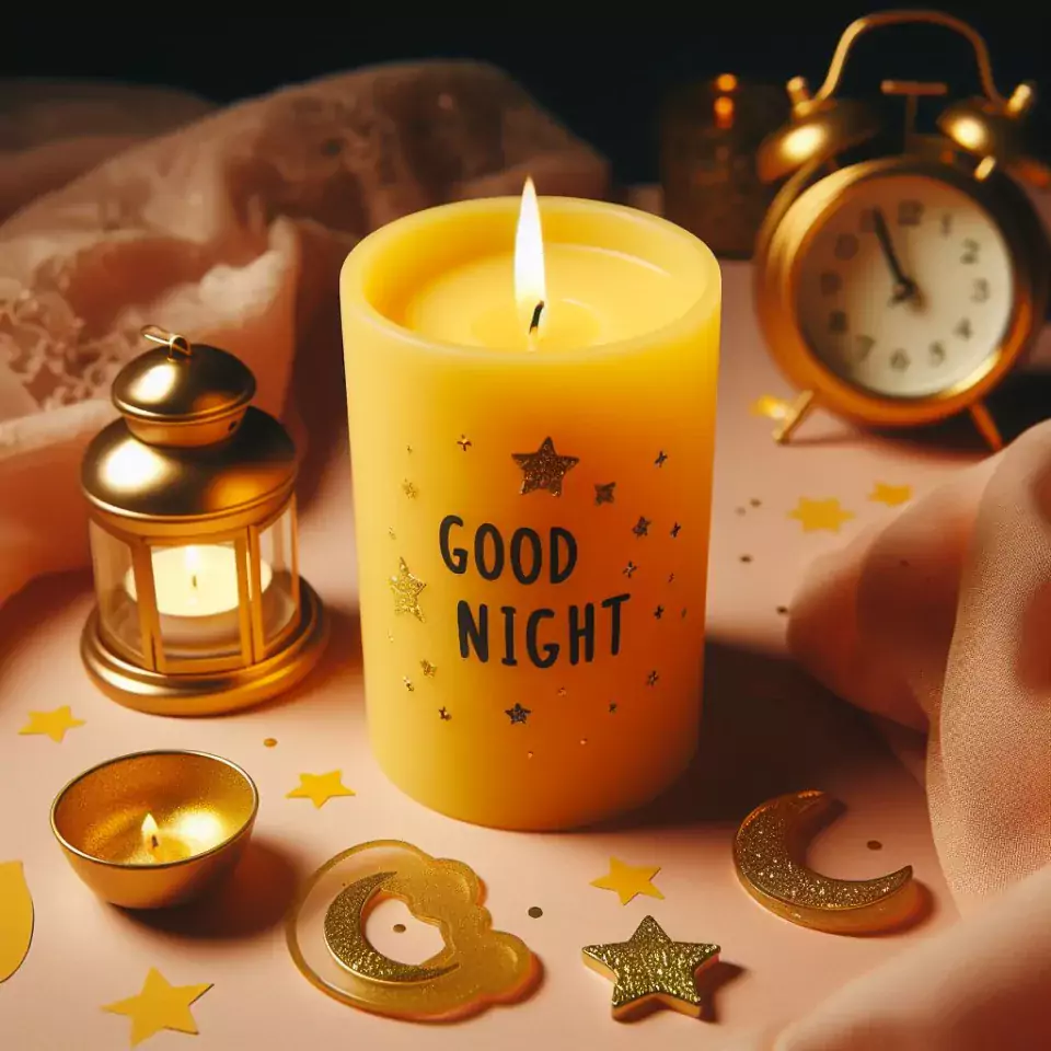 Good night images with yellow candle in glass with star clock