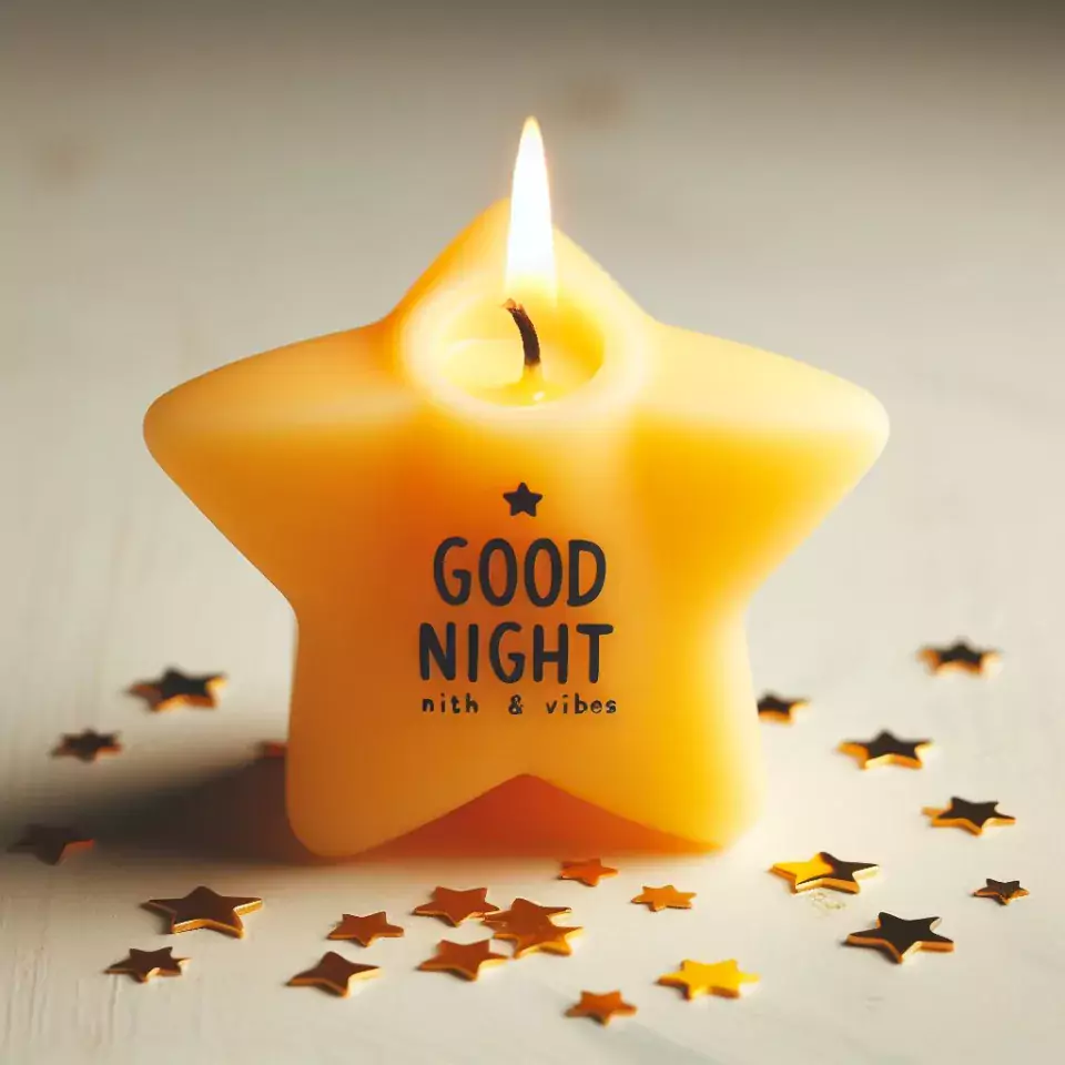 Good night images with yellow star candle in glass with star