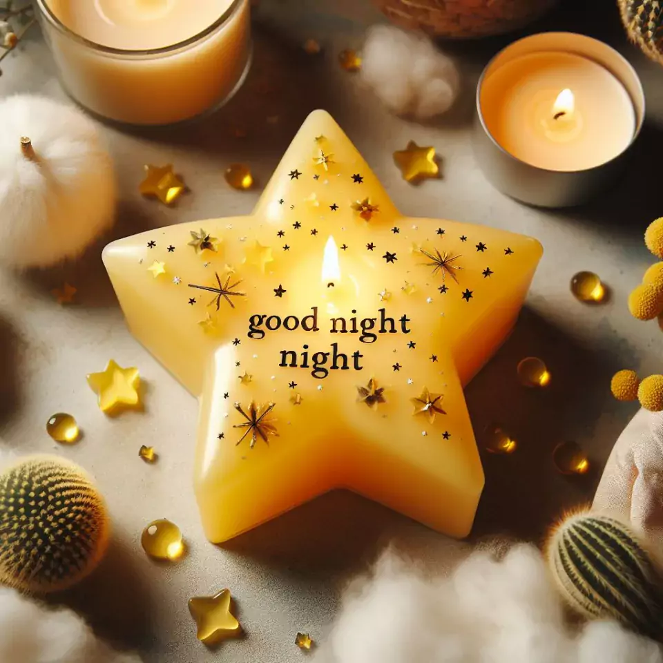 Good night images with yellow wax candle in glass with star