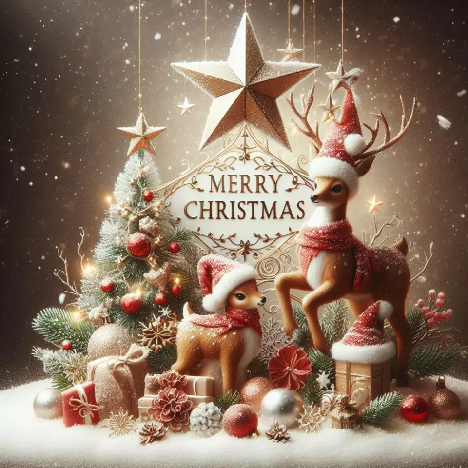 HD merry christmas images with santa bells beautiful background with snow candy and candles dears in the images ()