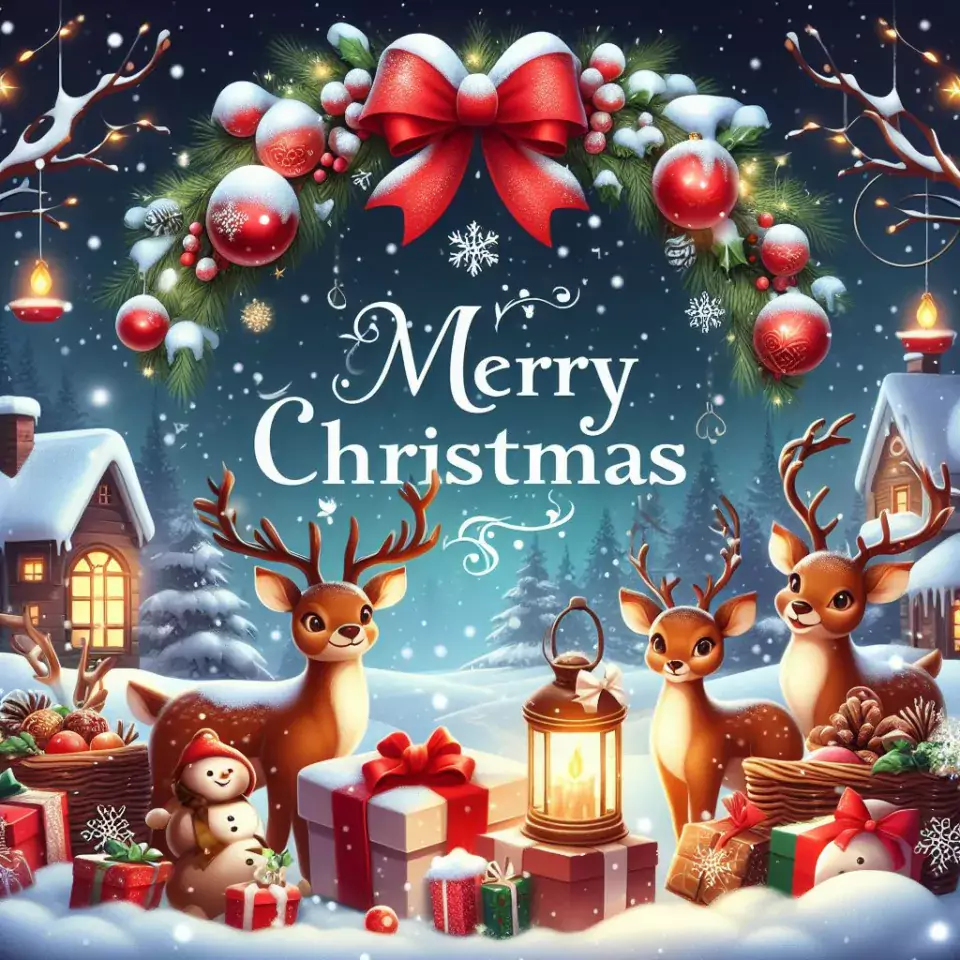 HD merry christmas images with santa bells beautiful background with snow candy and candles dears in the images ()