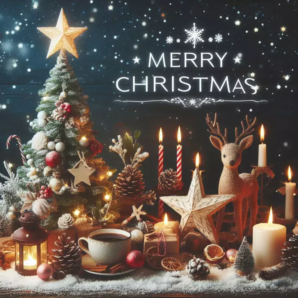 HD merry christmas images with santa bells beautiful background with snow candy and candles dears in the images ()