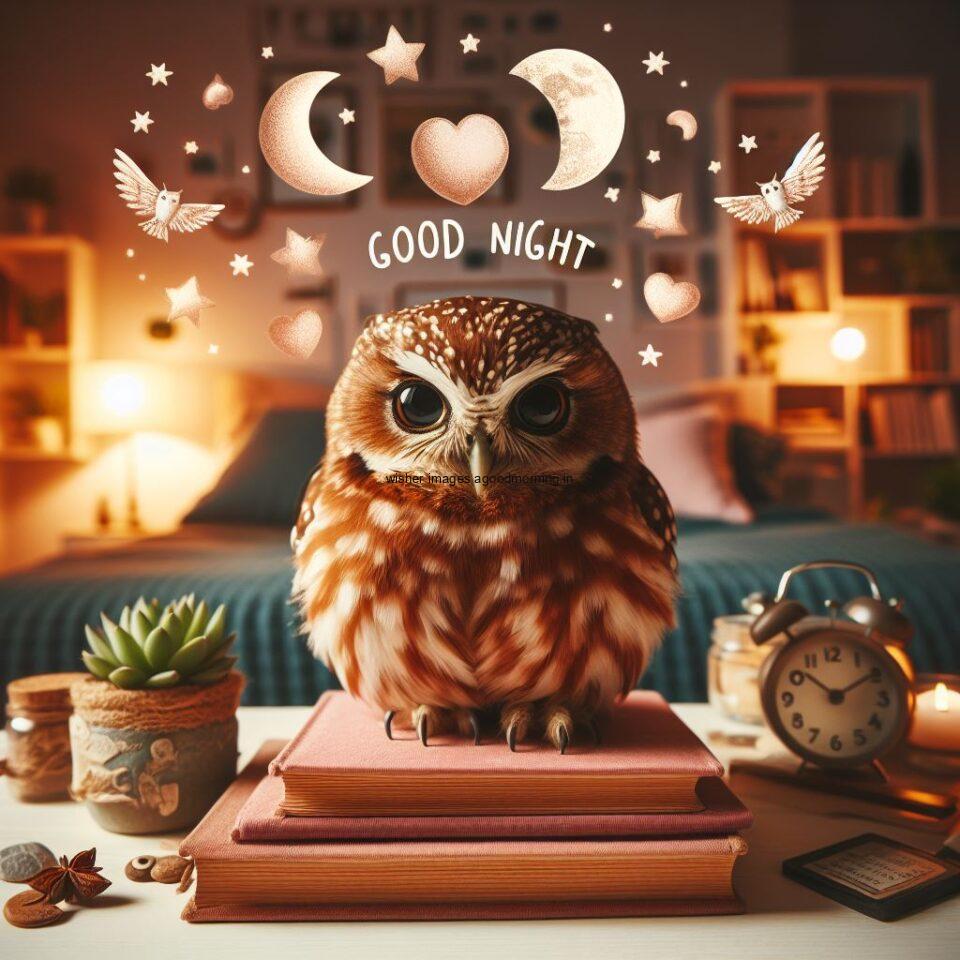 beautiful owl is seating in the room with star good night images quotes text is placed night vibes