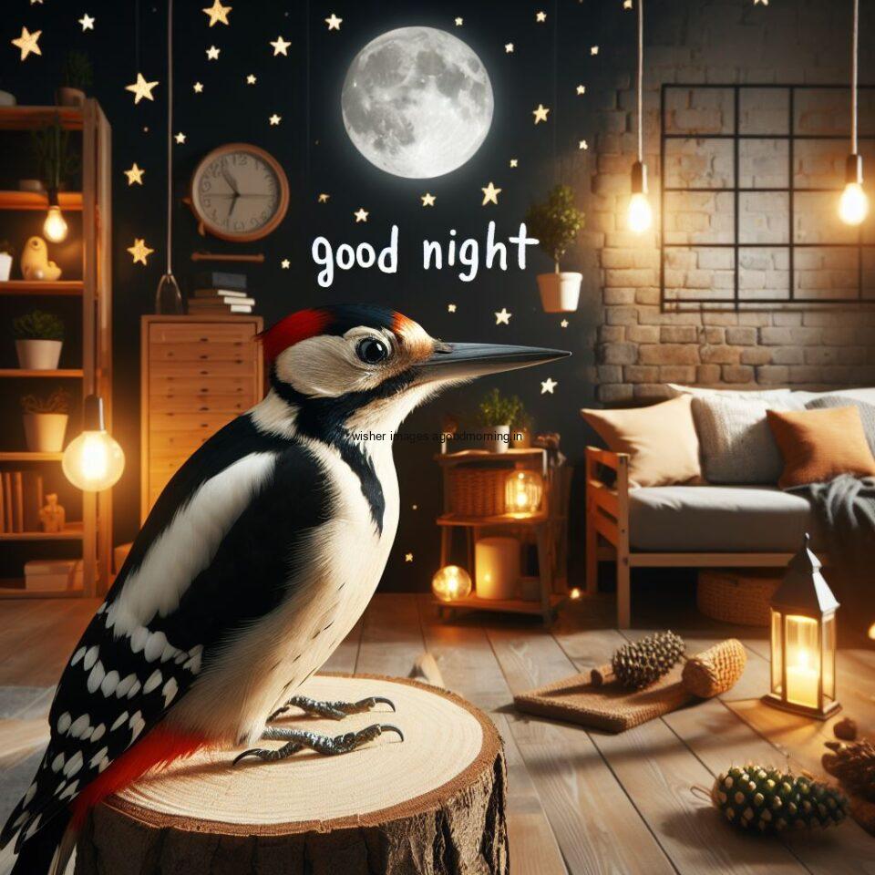 beautiful woodpeaker is seating in the room with star good night images quotes text is placed night vibes