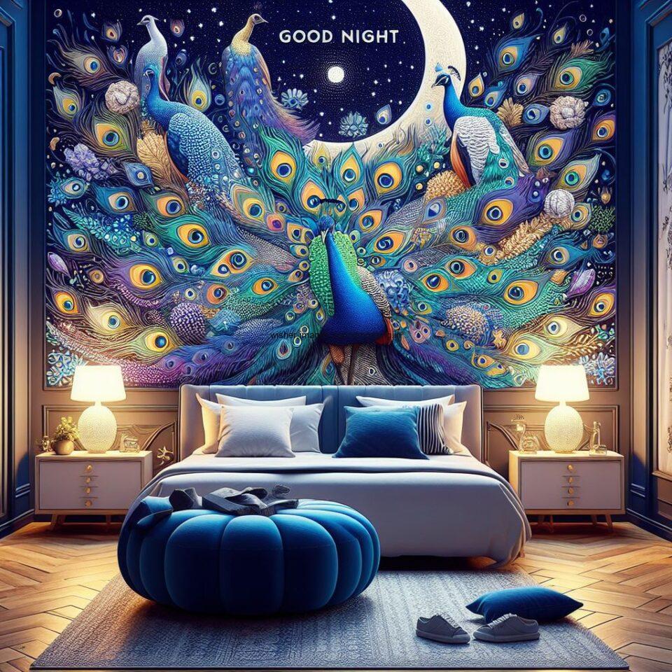 big peacock is seating in the room with star good night images quotes text is placed night vibes