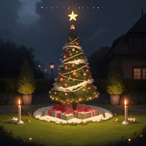 christmas trees with amzing lights star on the top merry christmas with gift boxes ()