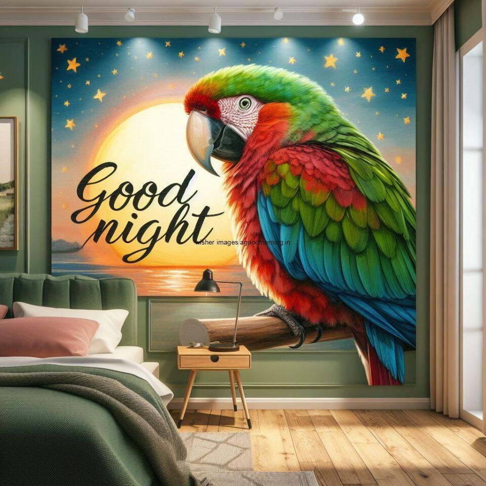 colourful parrot is seating in the room with star good night images quotes text is placed night vibes