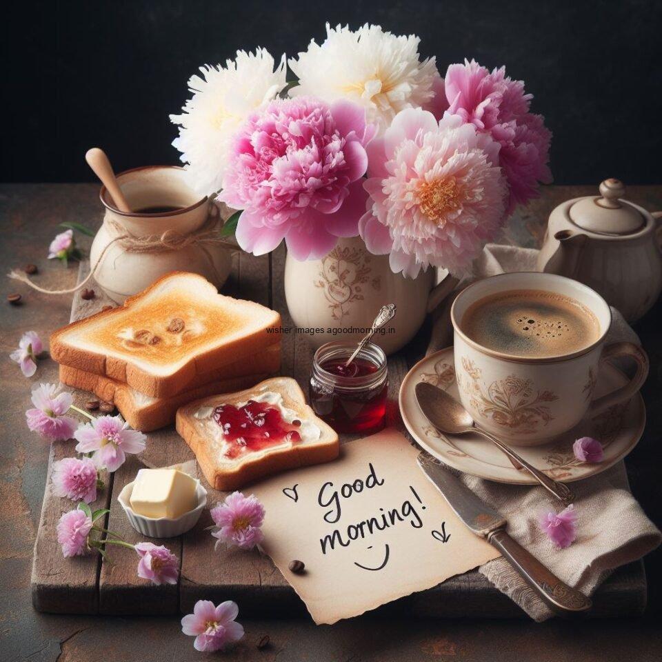 good morning images with flower beautiful flowers with amazing abckground bread with tea white & pink