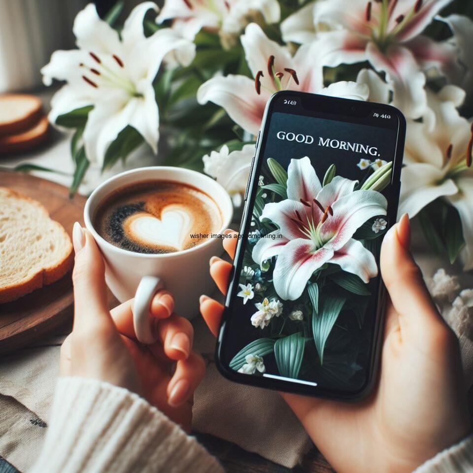 good morning images with flower beautiful flowers with amazing abckground white lily in the phone and out the phone