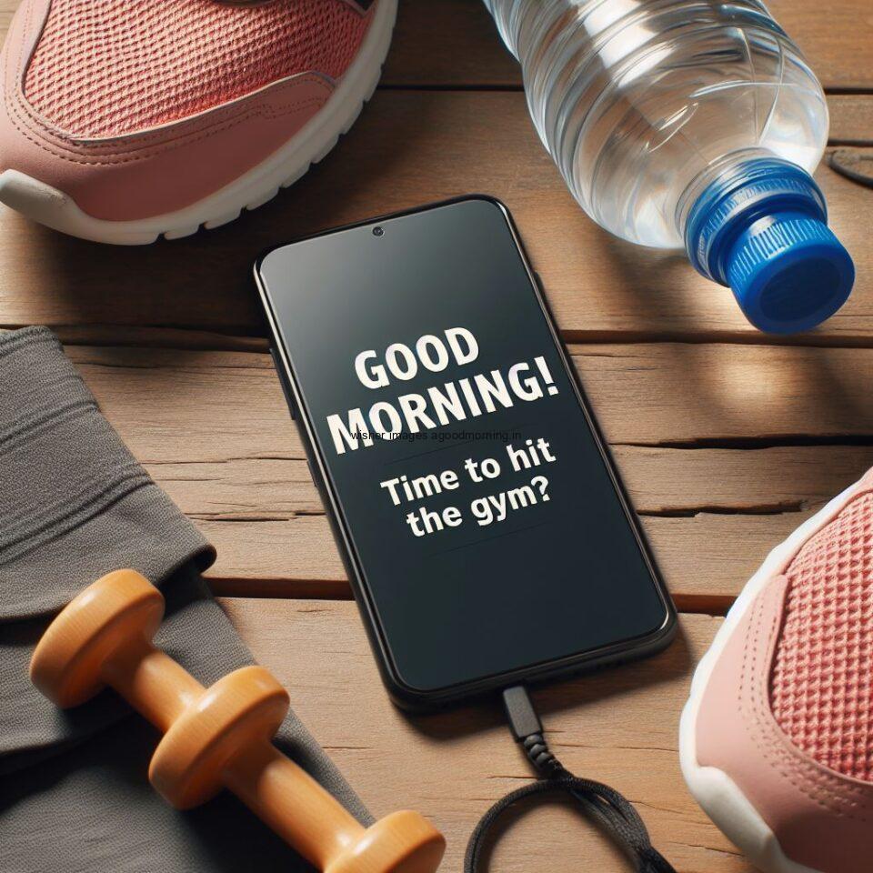 good morning images with gym images water bottles and gym equiements