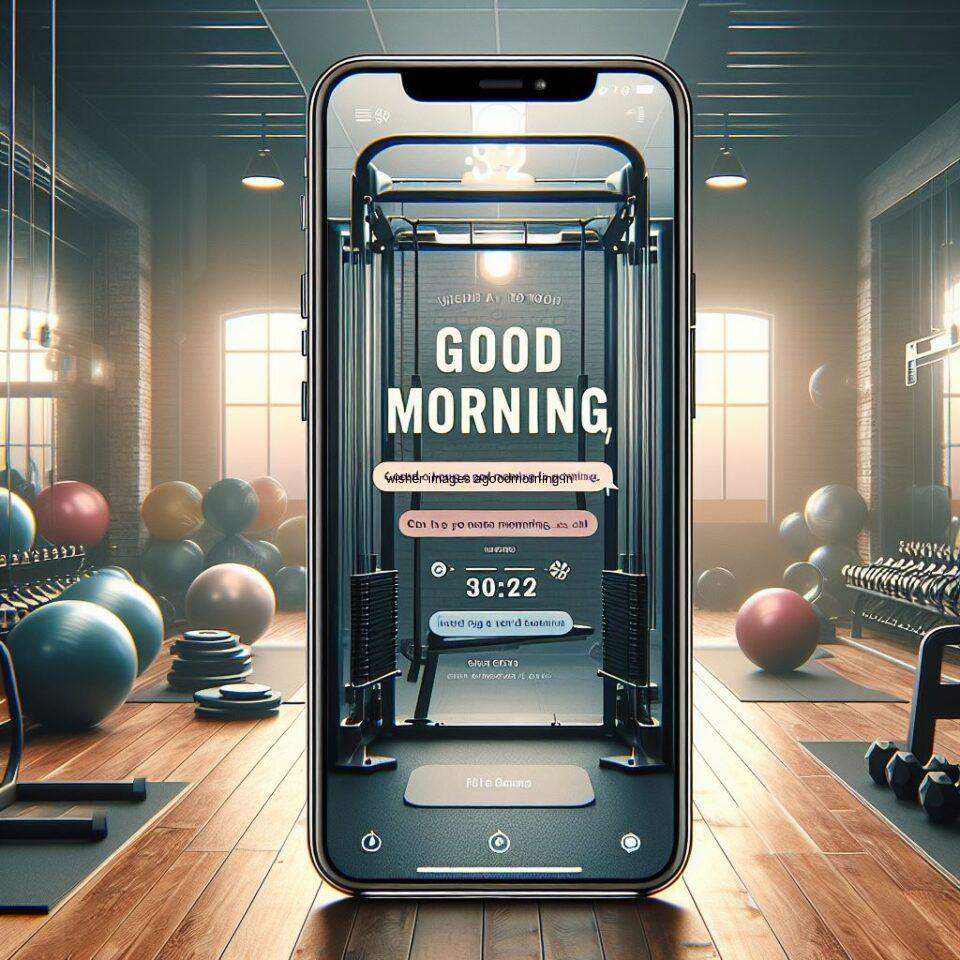 good morning images with gym images water bottles and gym equiements boy working with equirement gym phone