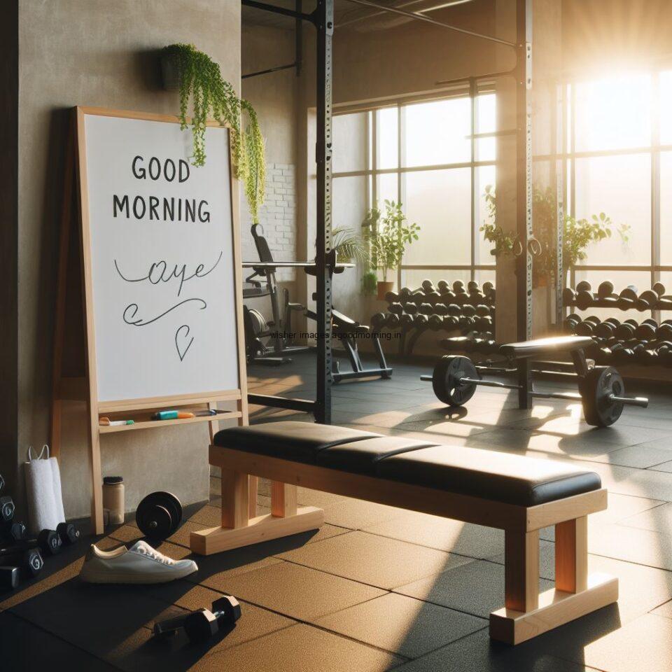 good morning images with gym images water bottles and gym equiements boy working with equirements sunlight